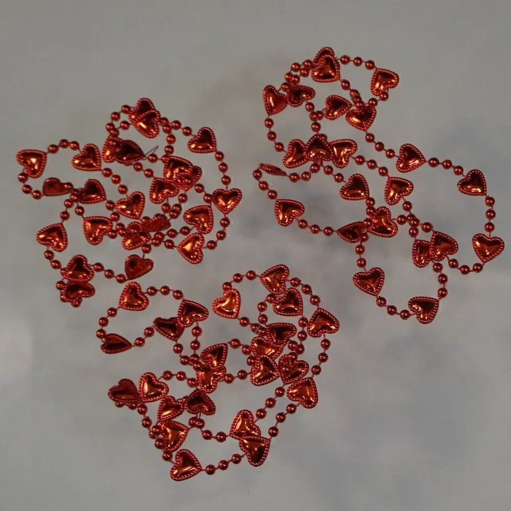3 Mardi Gras Throw Bead Necklaces Red Heart Love Favor Valentine
